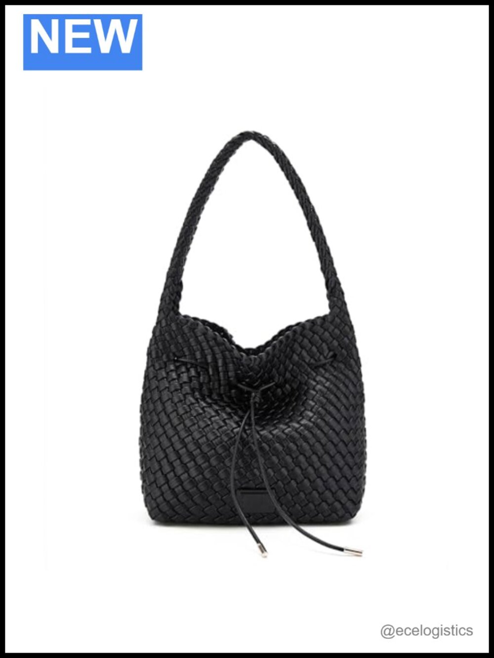 Woven Vegan Leather Shoulder Bag Drawstring Bucket Handbag